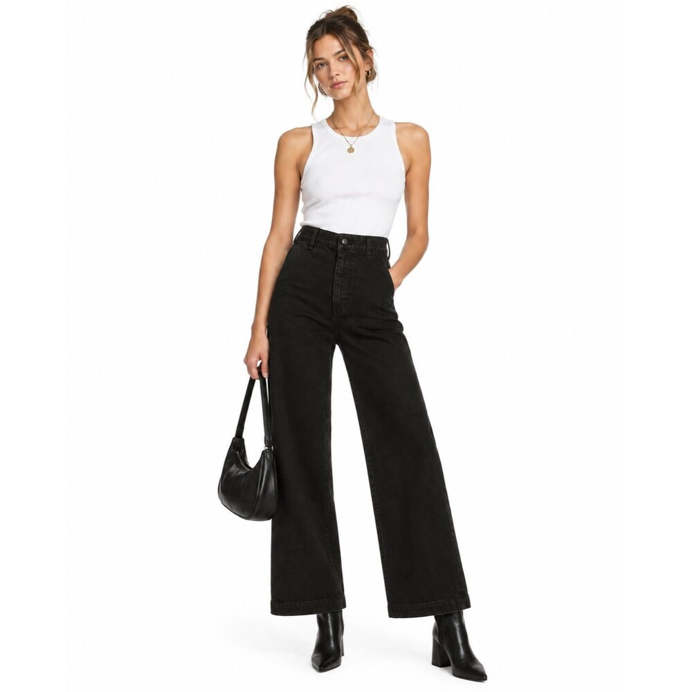THE GREAT. Seafair Wide Leg Crop Jean Women Sz 26 Black Button Fly Stretch Denim